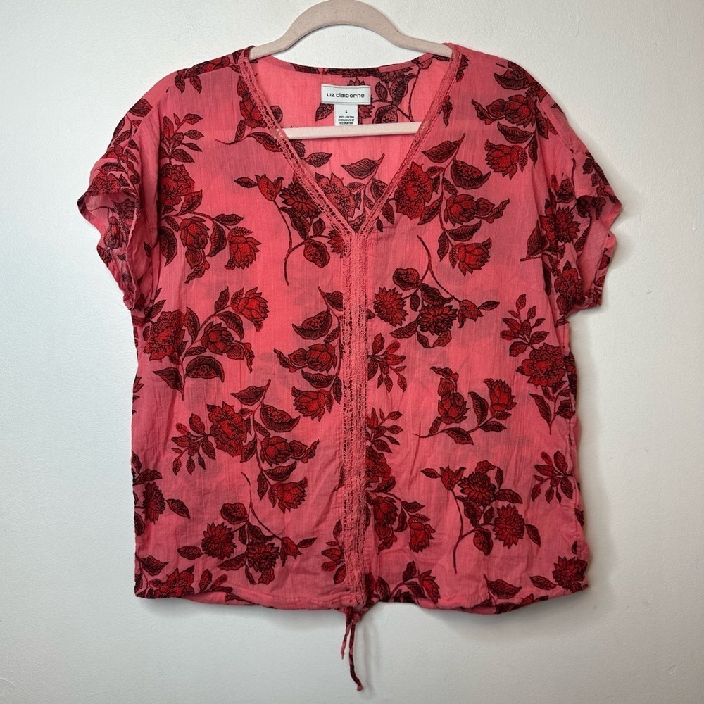 Liz Claiborne Women’s 100% Cotton Pink & Red Floral Top Size S Small